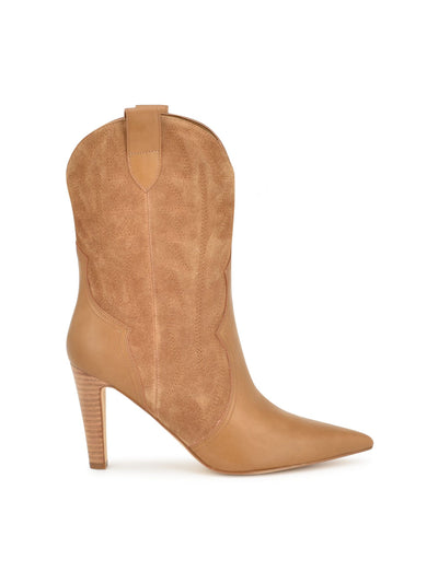 NINE WEST Women's Beige Alama Embroidered Padded Dual Pull-Tabs Mixed Media Western Boot