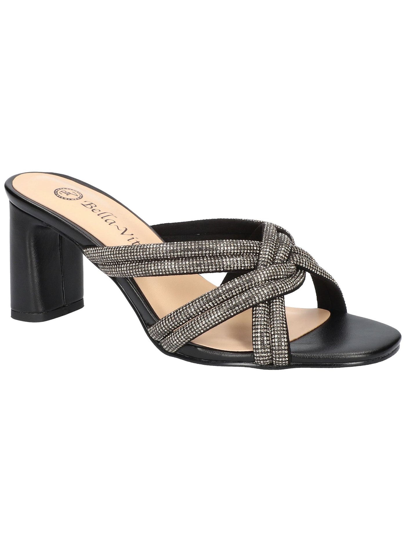 BELLA VITA Womens Black Embellished Padded Carmen Open Toe Block Heel Slip On Dress Heeled Sandal 6 WW