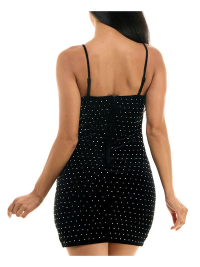 CRYSTAL DOLLS Womens Black Pleated Zippered Overlap Tulip Hem Padded Cups Spaghetti Strap Square Neck Short Party Body Con Dress Juniors 7