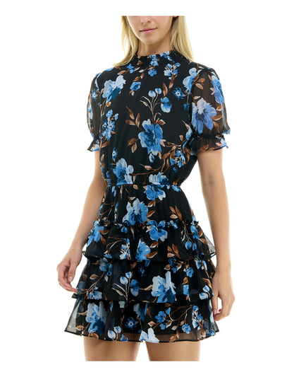 CRYSTAL DOLLS Womens Black Ruffled Lined Blouson Bodice Tiered Skirt Floral Short Sleeve Mock Neck Short Party Fit + Flare Dress Juniors XS