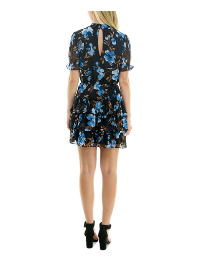 CRYSTAL DOLLS Womens Black Ruffled Lined Blouson Bodice Tiered Skirt Floral Short Sleeve Mock Neck Short Party Fit + Flare Dress Juniors XS