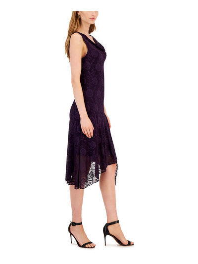 CONNECTED APPAREL Womens Purple Lined Handkerchief-hem Pullover Sleeveless Cowl Neck Midi Cocktail Sheath Dress 10