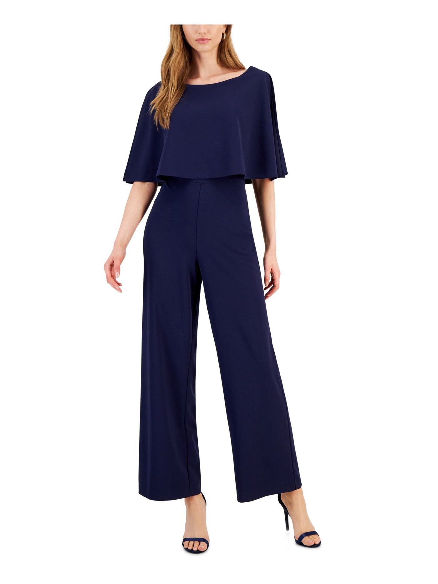 CONNECTED APPAREL Womens Navy Stretch Zippered Slitted Overlay Elbow Sleeve Boat Neck Evening Wide Leg Jumpsuit 12