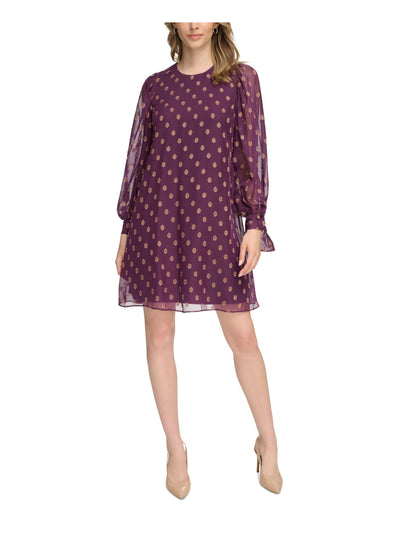 CALVIN KLEIN Womens Purple Lined Tie Cuffs Printed Balloon Sleeve Jewel Neck Above The Knee Wear To Work Shift Dress 4