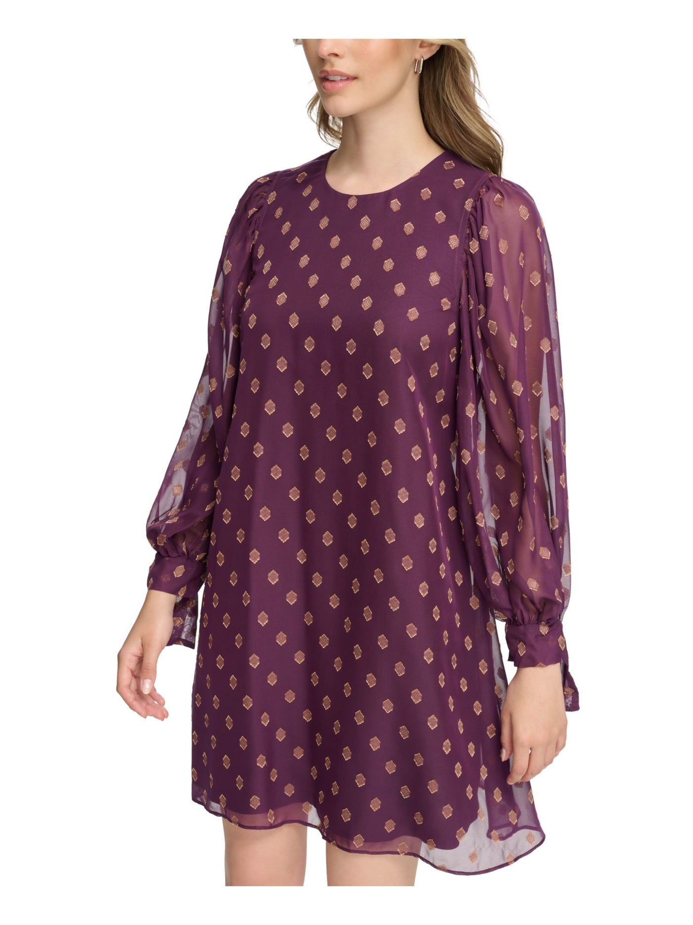 CALVIN KLEIN Womens Purple Lined Tie Cuffs Printed Balloon Sleeve Jewel Neck Above The Knee Wear To Work Shift Dress 10