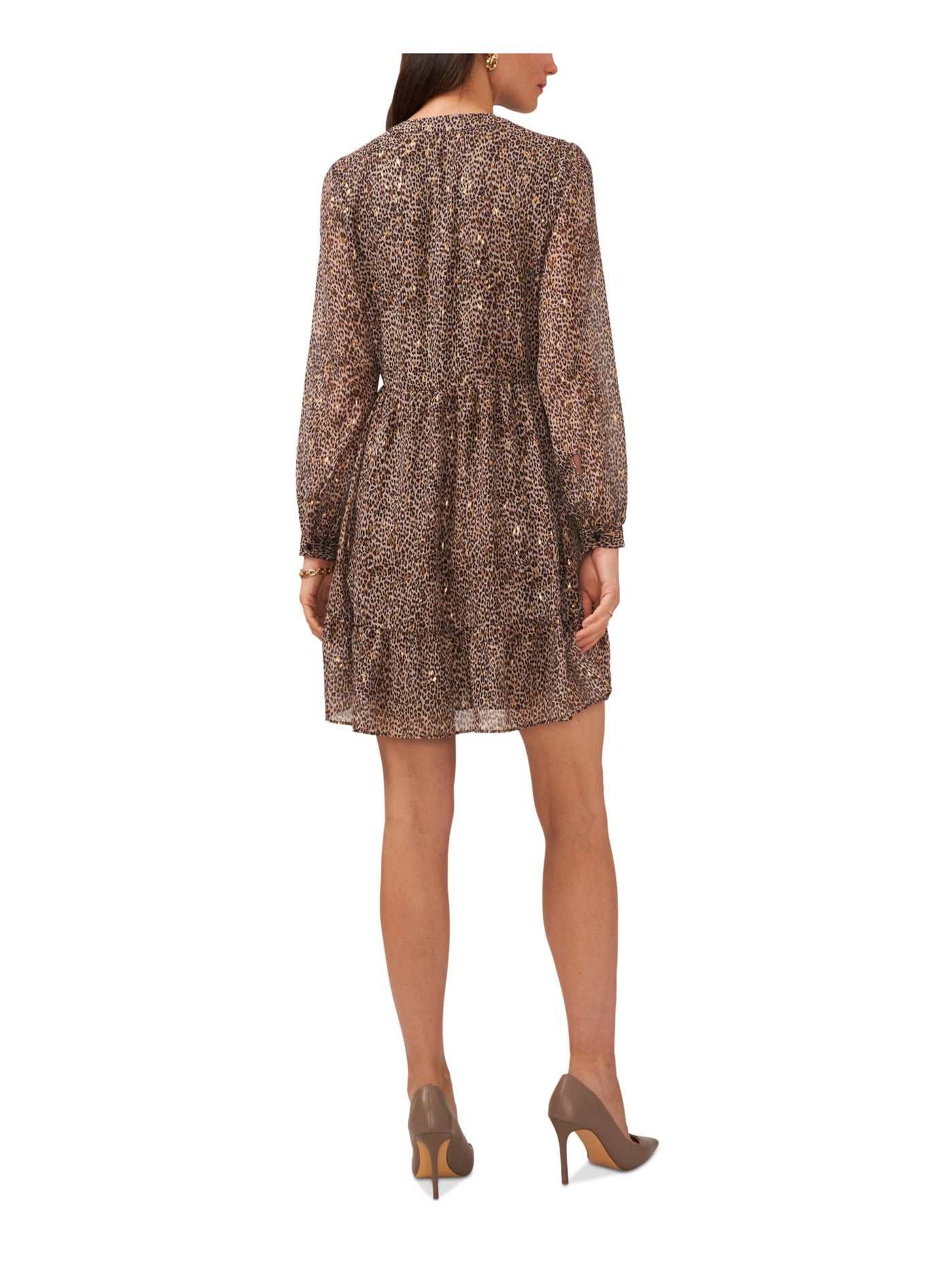 VINCE CAMUTO Womens Beige Metallic Ruffled Lined Button Cuffed Sleeve Animal Print Long Sleeve Split Short Party Fit + Flare Dress XS