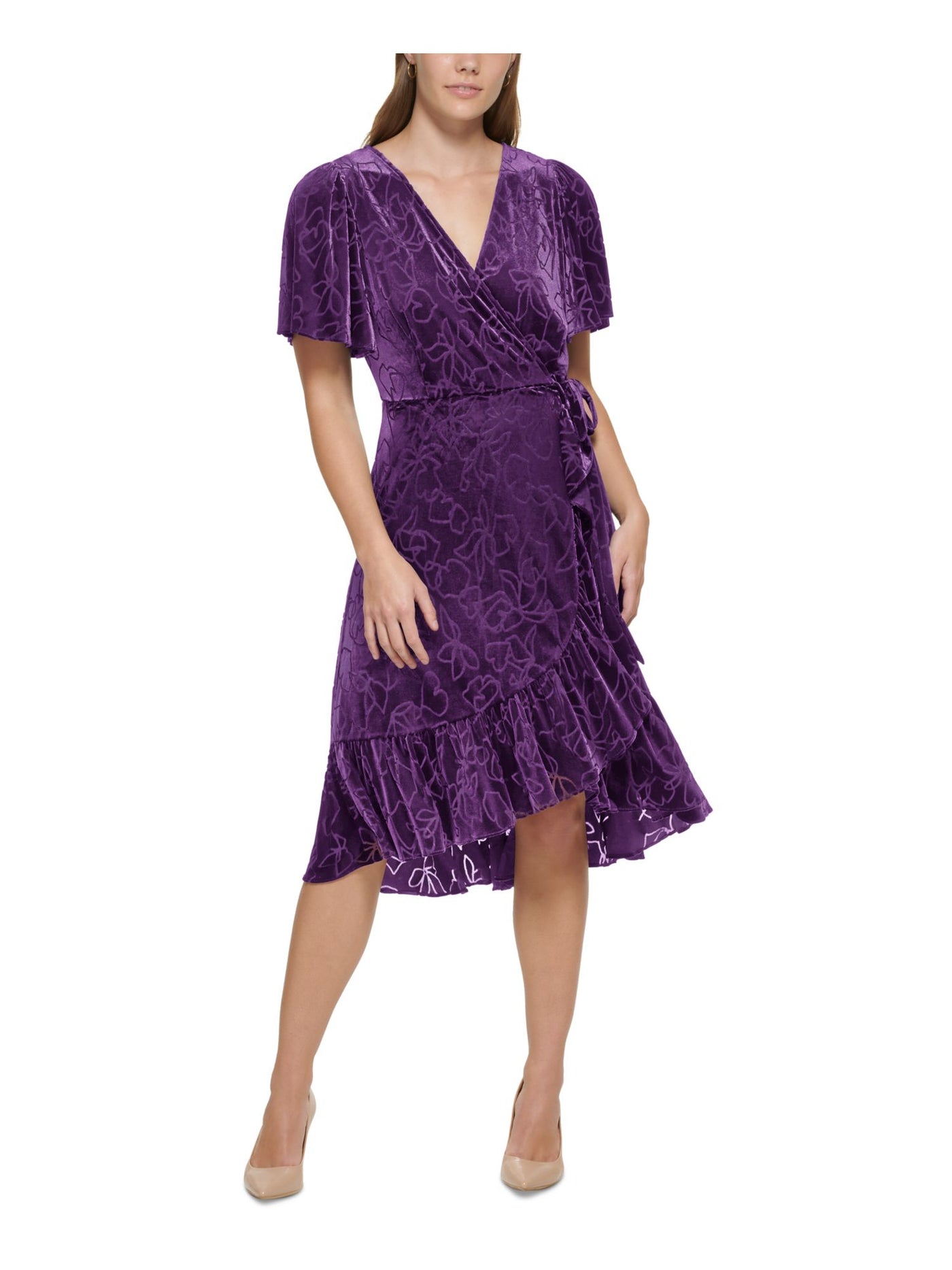 CALVIN KLEIN Womens Purple Zippered Lined Ruffled Hi-lo Hem Tie-waist Flutter Sleeve Surplice Neckline Midi Wear To Work Faux Wrap Dress 12