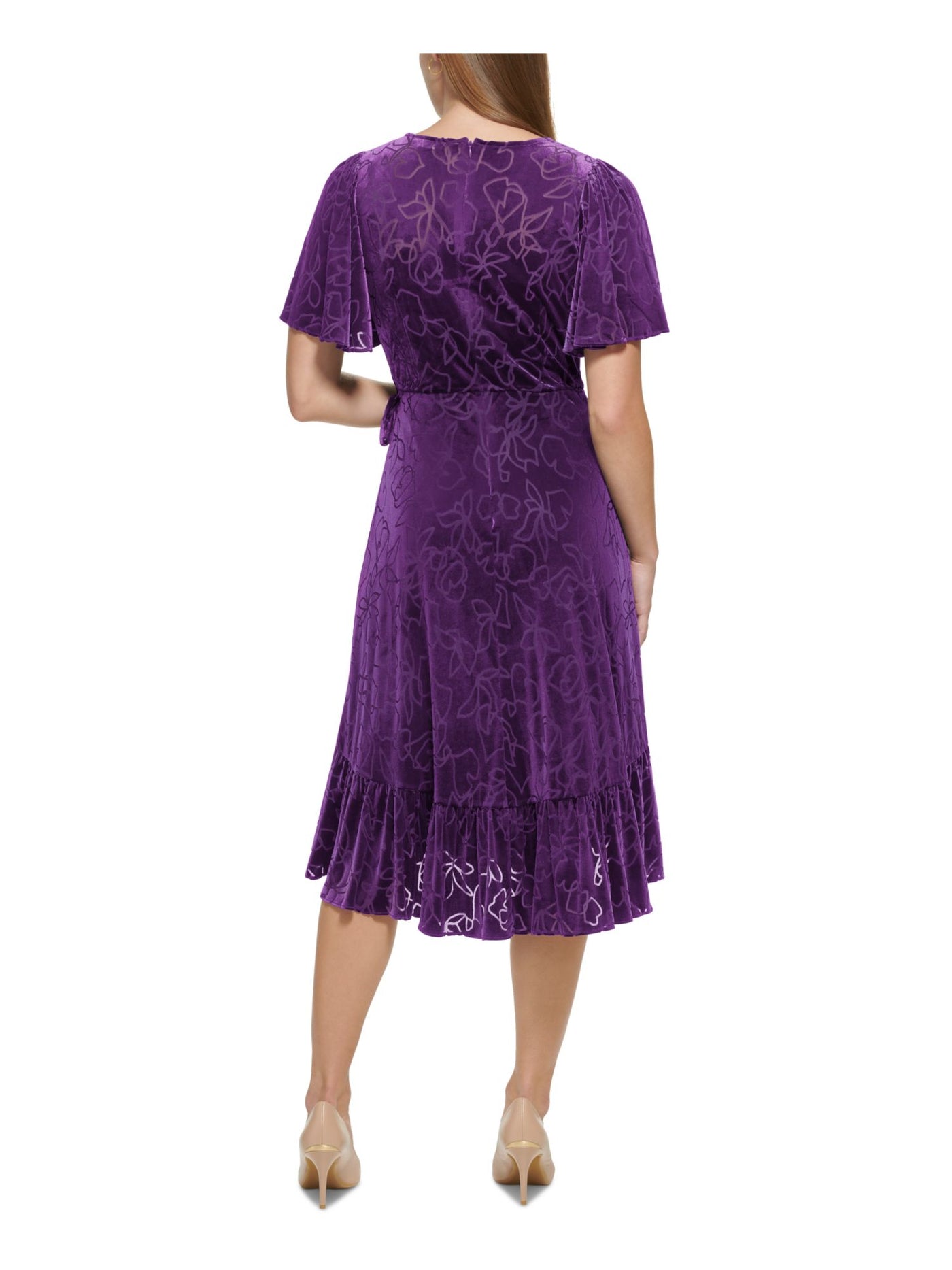 CALVIN KLEIN Womens Purple Zippered Lined Ruffled Hi-lo Hem Tie-waist Flutter Sleeve Surplice Neckline Midi Wear To Work Faux Wrap Dress 12