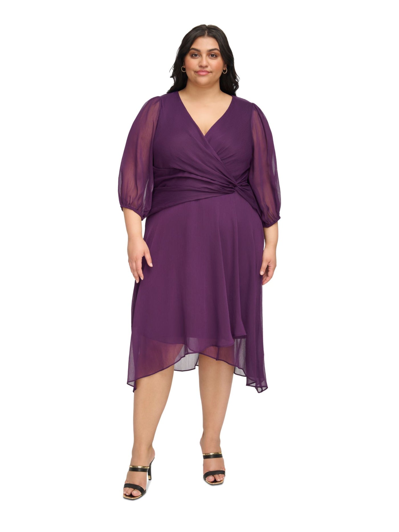 DKNY Womens Purple Zippered Twist Front Hi-lo Hem Balloon Sleeve Surplice Neckline Midi Party Fit + Flare Dress Plus 18W