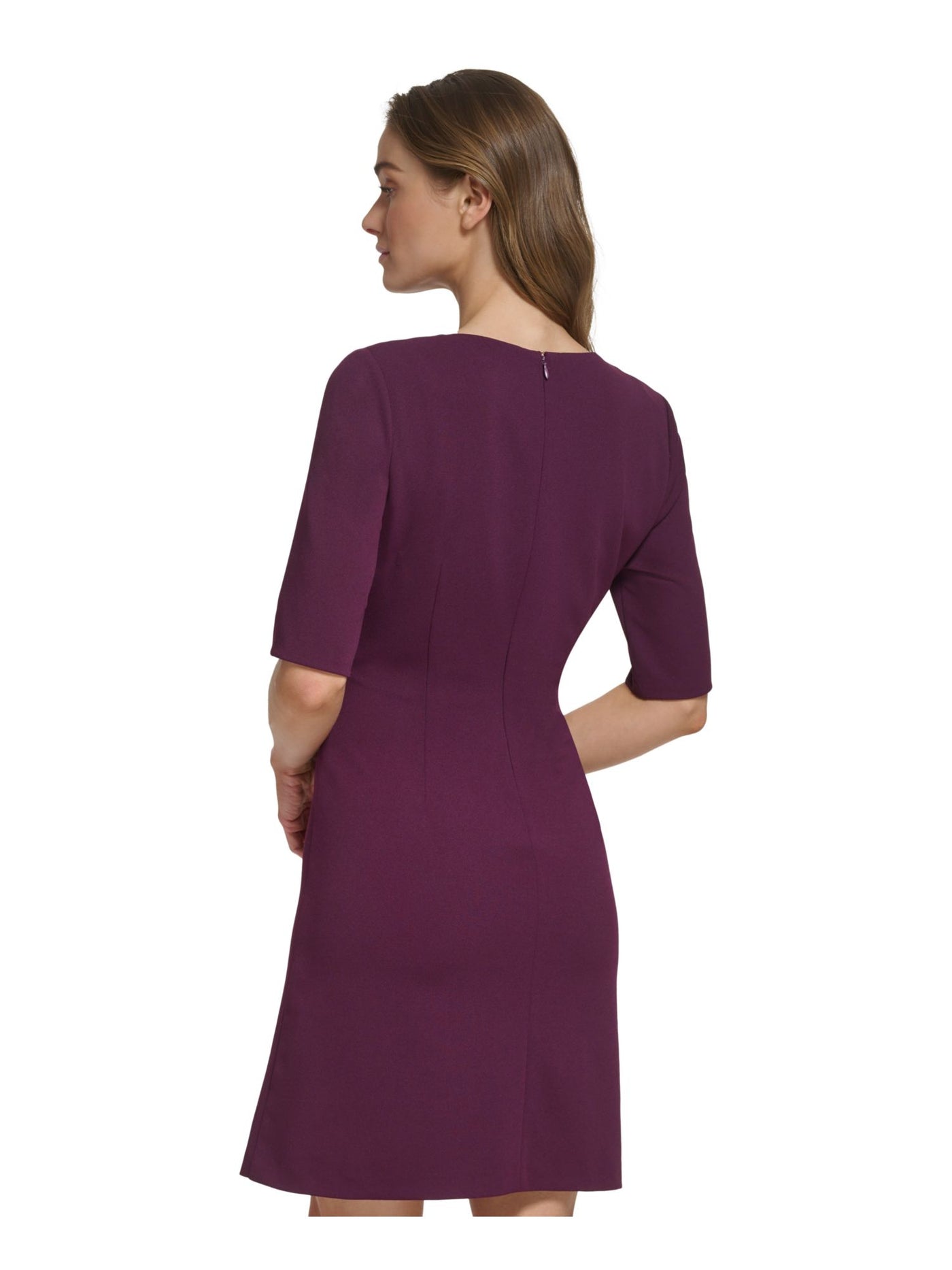 DKNY Womens Purple Ruched Zippered Knotted Waist Hardware Accent Elbow Sleeve Surplice Neckline Above The Knee Wear To Work Faux Wrap Dress 4