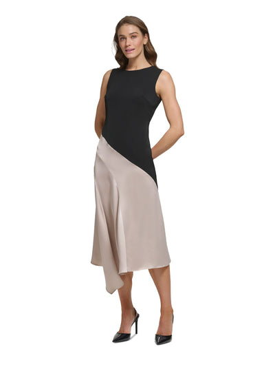 DKNY Womens Black Zippered Lined Asymmetric Hem Color Block Sleeveless Jewel Neck Tea-Length Party Sheath Dress 4