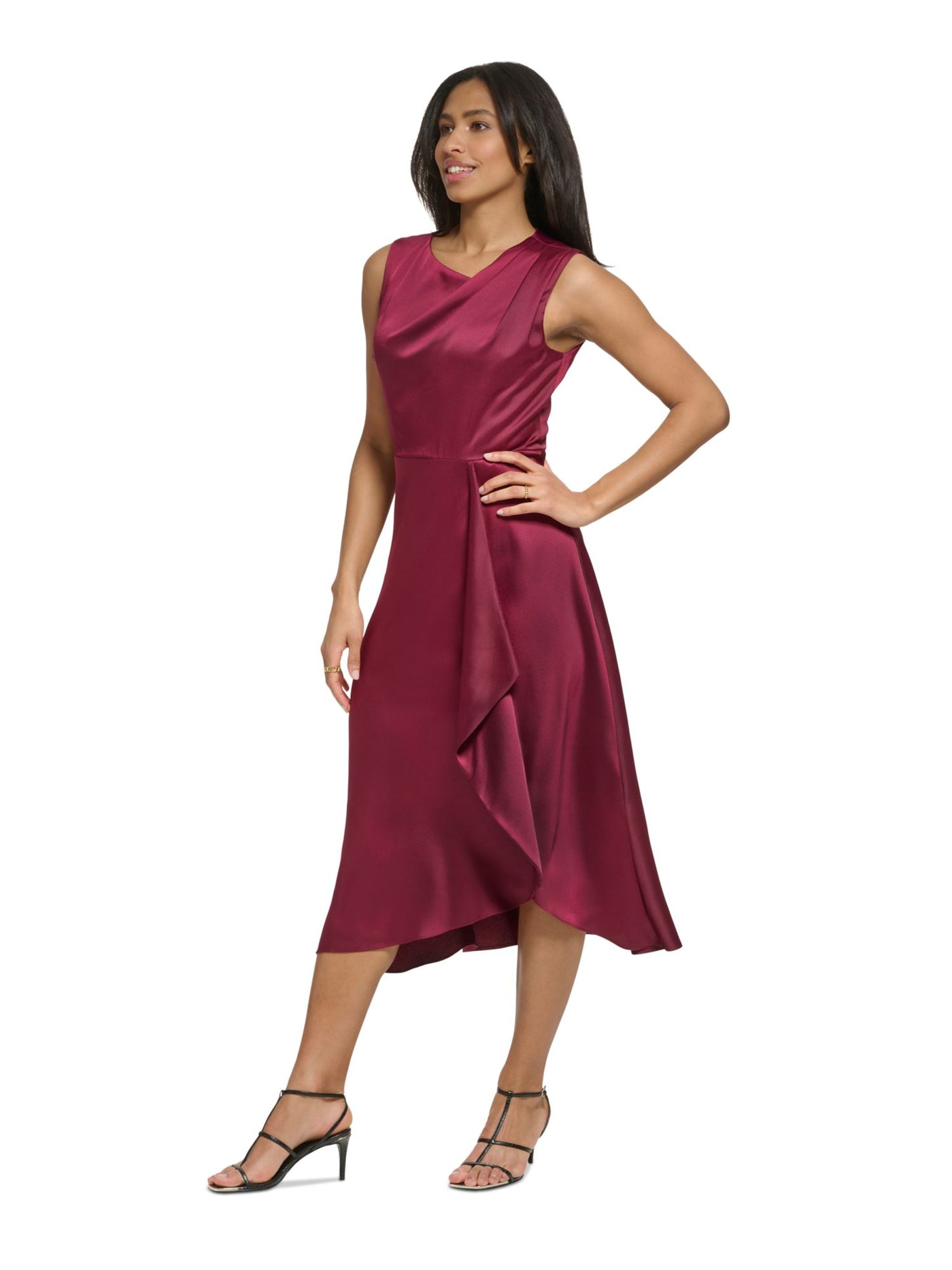 DKNY Womens Burgundy Pleated Zippered Sleeveless Asymmetrical Neckline Midi Party Faux Wrap Dress 2