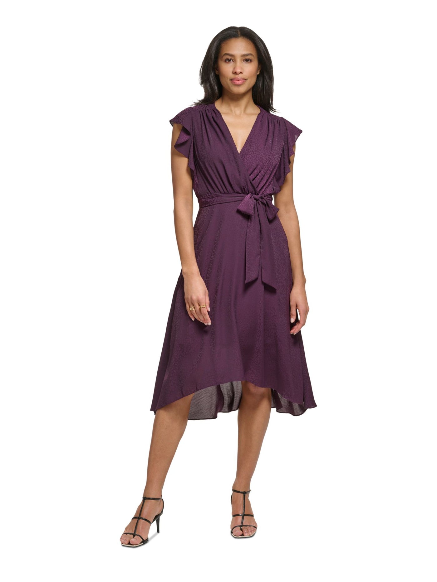 DKNY Womens Purple Zippered Lined Gathered Self-tie Belt Flutter Sleeve Surplice Neckline Midi Party Hi-Lo Dress 6