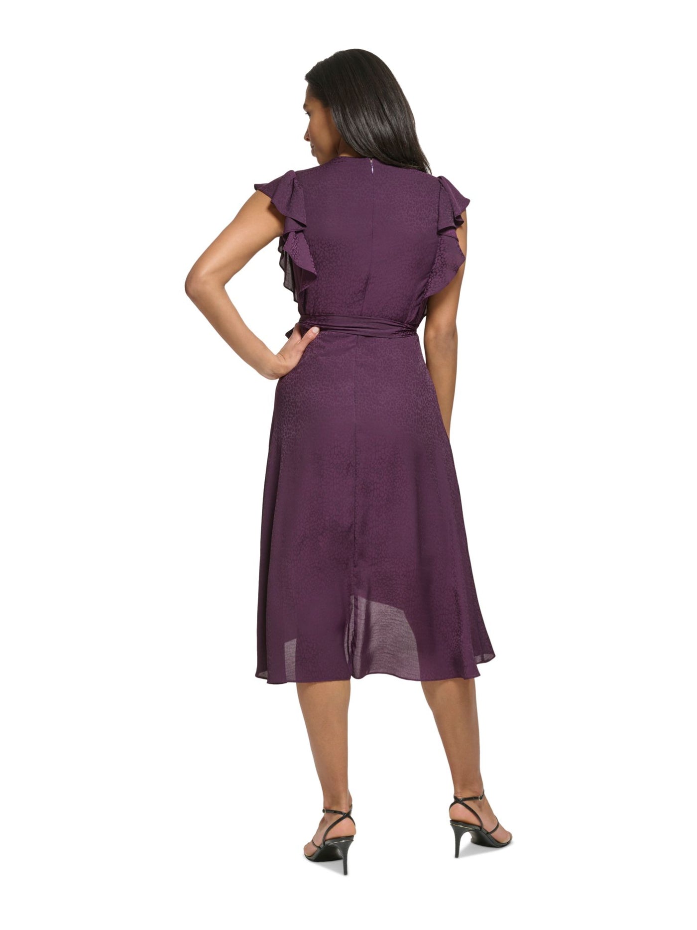 DKNY Womens Purple Zippered Lined Gathered Self-tie Belt Flutter Sleeve Surplice Neckline Midi Party Hi-Lo Dress 8