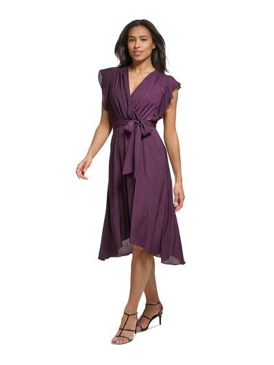 DKNY Womens Purple Zippered Lined Gathered Self-tie Belt Flutter Sleeve Surplice Neckline Midi Party Hi-Lo Dress 8