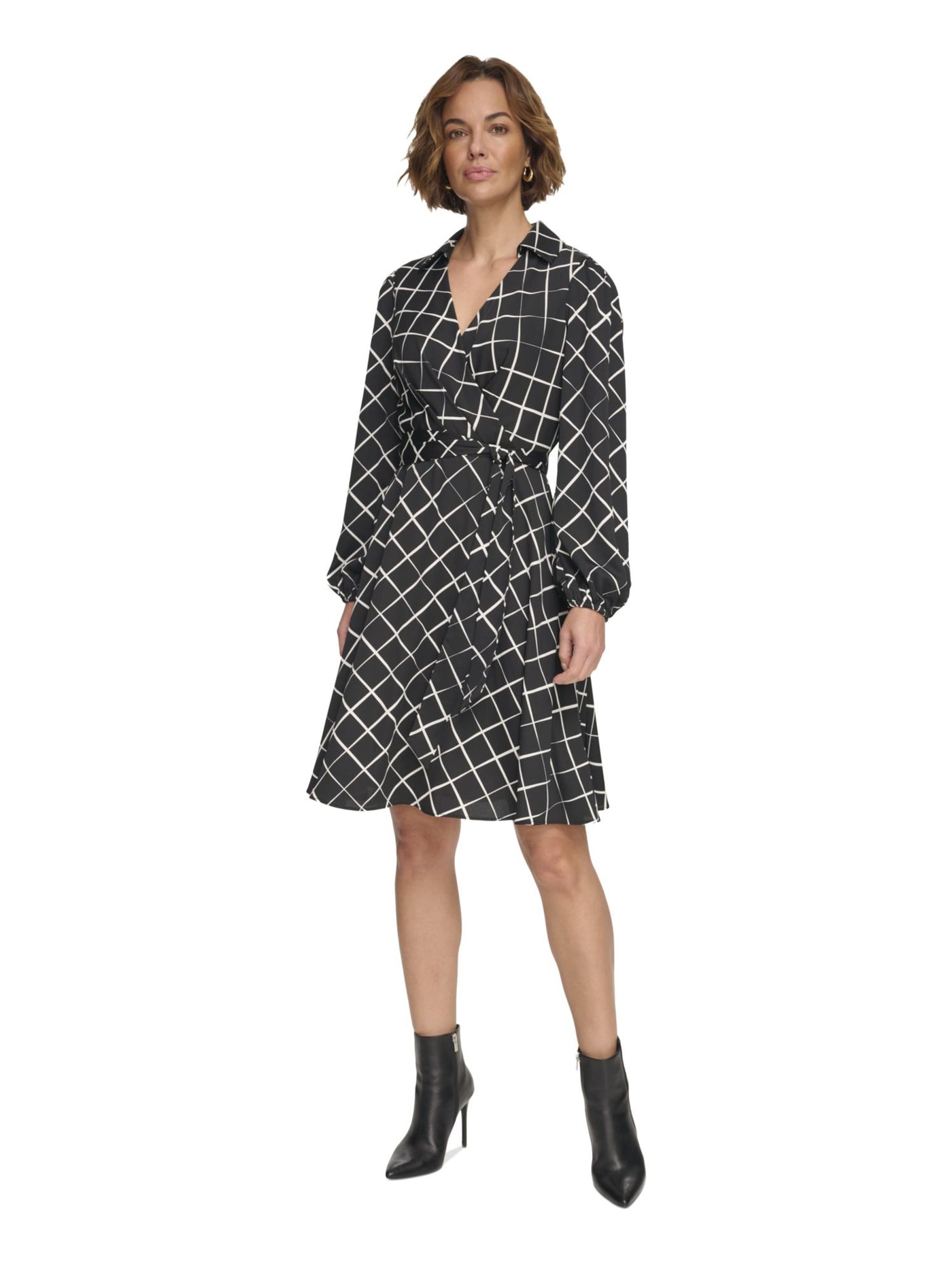 DKNY Womens Black Pleated Zippered Johnny Collar Tie-belt Printed Blouson Sleeve Surplice Neckline Above The Knee Wear To Work Sheath Dress 2