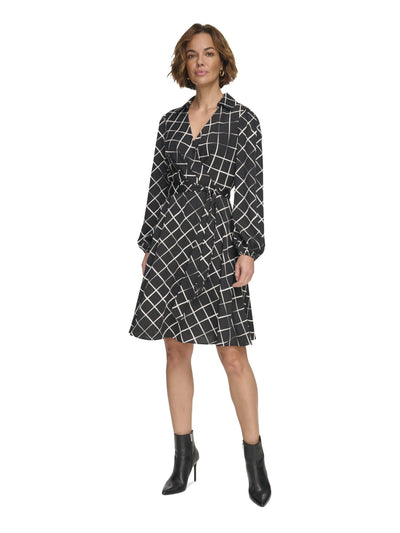 DKNY Womens Black Pleated Zippered Johnny Collar Tie-belt Printed Blouson Sleeve Surplice Neckline Above The Knee Wear To Work Sheath Dress 2