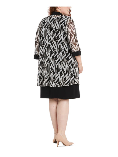 R&M RICHARDS WOMAN Womens Black Textured Contrast Trim Sheer Geometric Elbow Sleeve Open Front Evening Cardigan Plus 20W