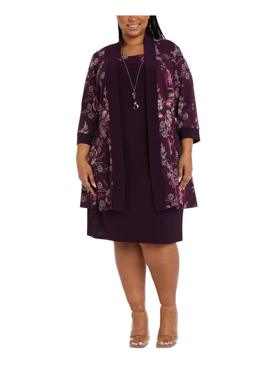 R&M RICHARDS WOMAN Womens Purple Textured Cardigan Floral 3/4 Sleeve Open Front Wear To Work Top Plus 18W