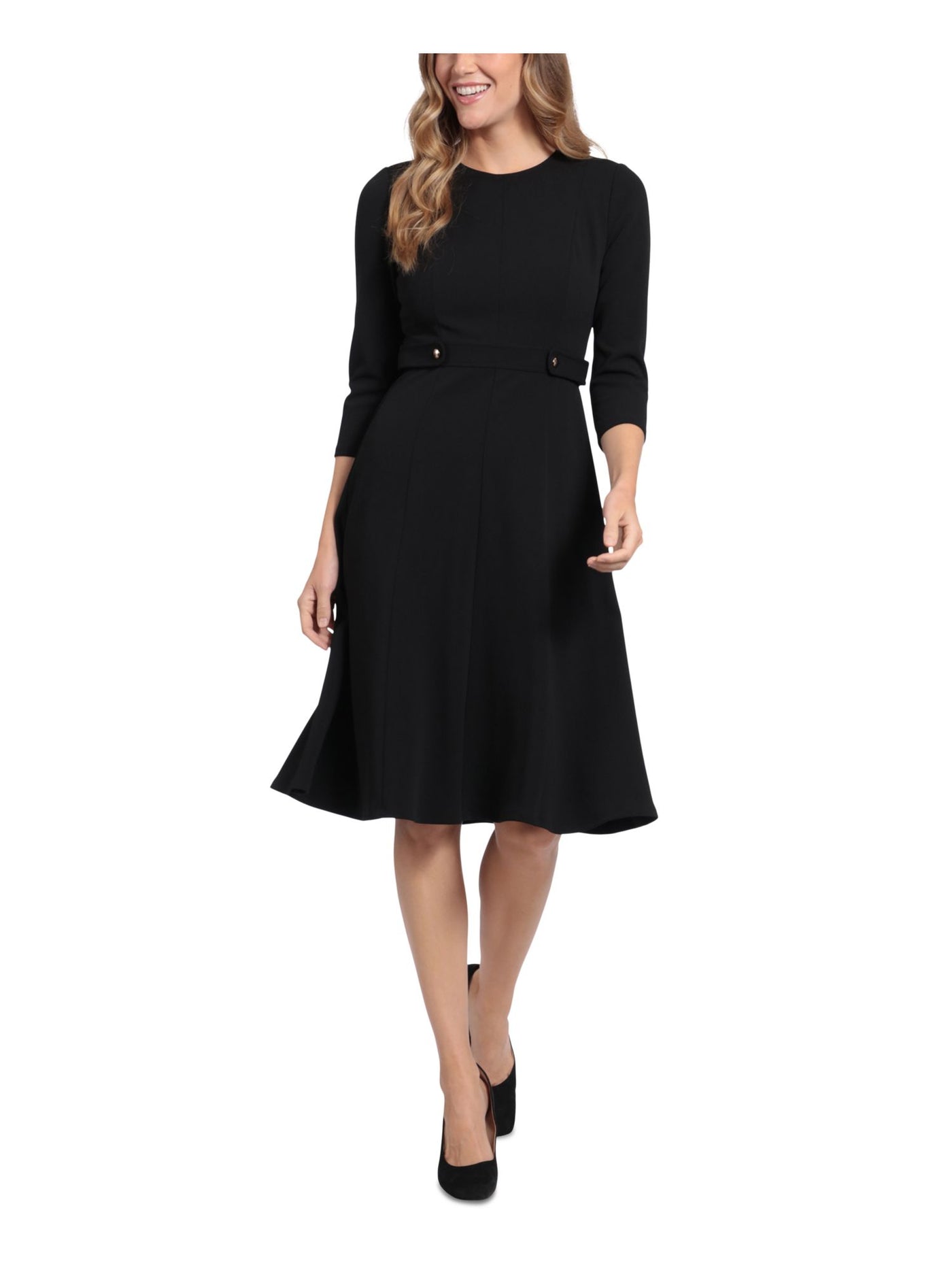 LONDON TIMES PETITES Womens Black Zippered Button Side Tabs 3/4 Sleeve Round Neck Knee Length Wear To Work Fit + Flare Dress Petites 8P