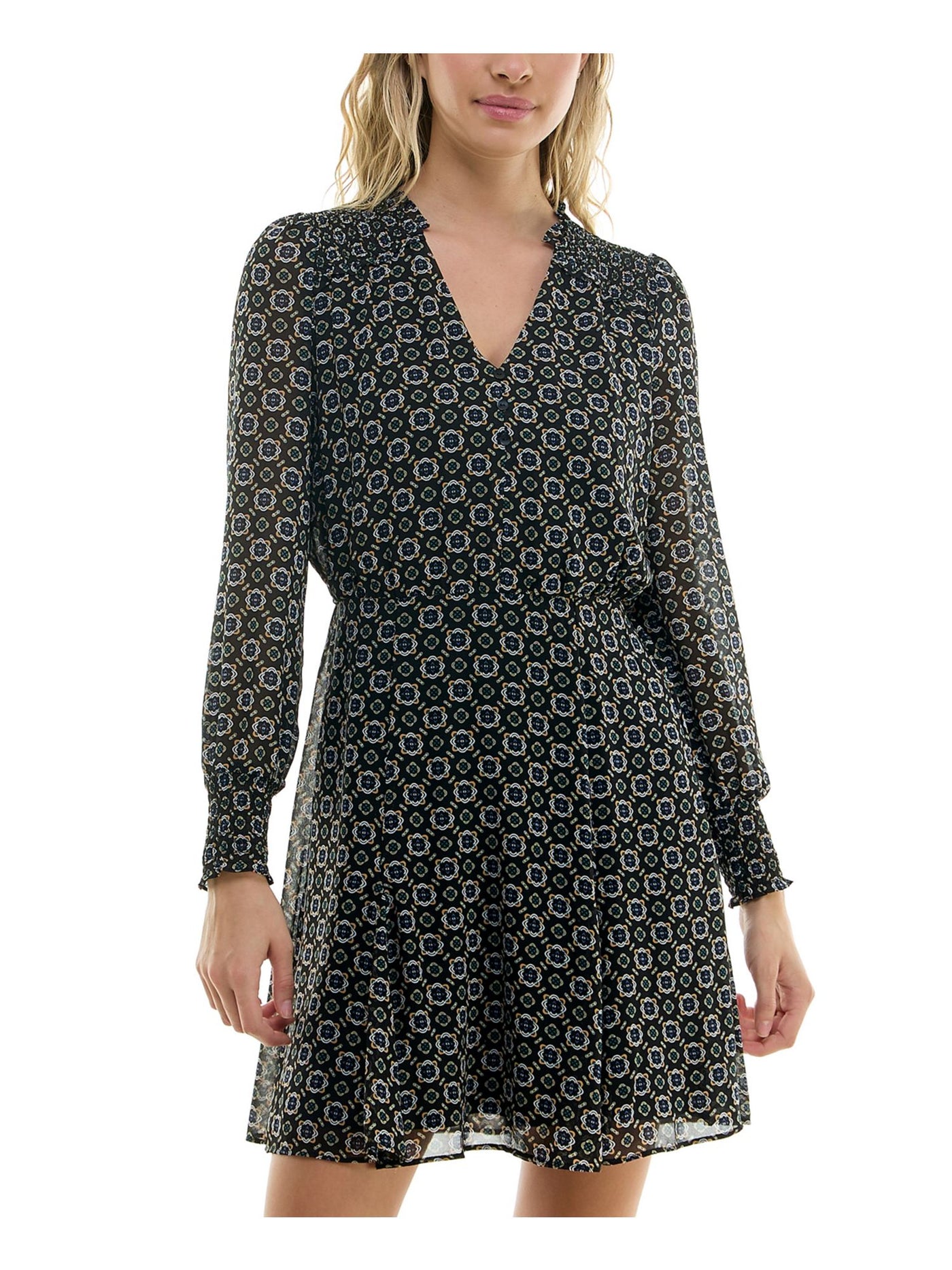 BCX DRESS Womens Black Lined Smocked Shoulder And Cuffs Ruffl Long Sleeve V Neck Short Fit + Flare Dress Juniors XL