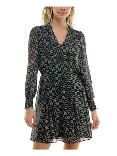 BCX DRESS Womens Black Lined Smocked Shoulder And Cuffs Ruffl Long Sleeve V Neck Short Fit + Flare Dress Juniors XL