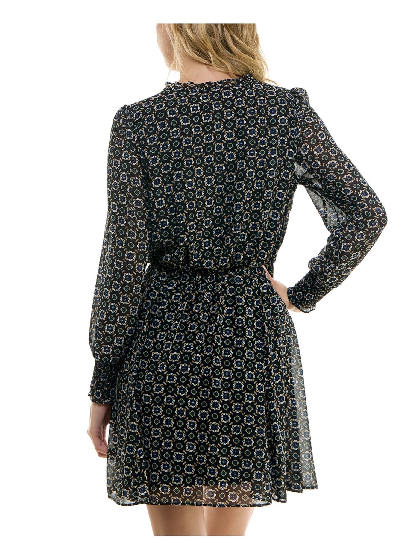 BCX DRESS Womens Black Lined Smocked Shoulder And Cuffs Ruffl Long Sleeve V Neck Short Fit + Flare Dress Juniors XL