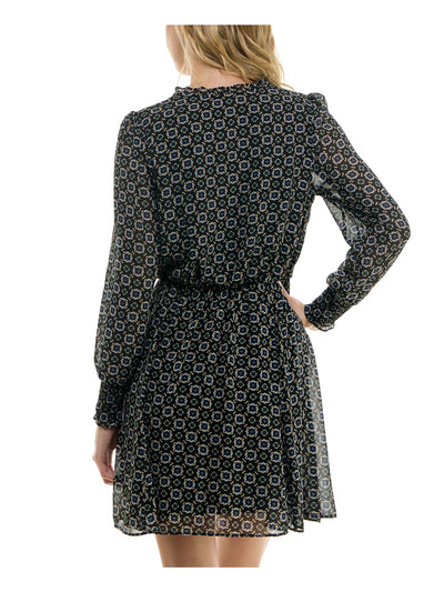 BCX DRESS Womens Black Lined Smocked Shoulder And Cuffs Ruffl Long Sleeve V Neck Short Fit + Flare Dress Juniors XL