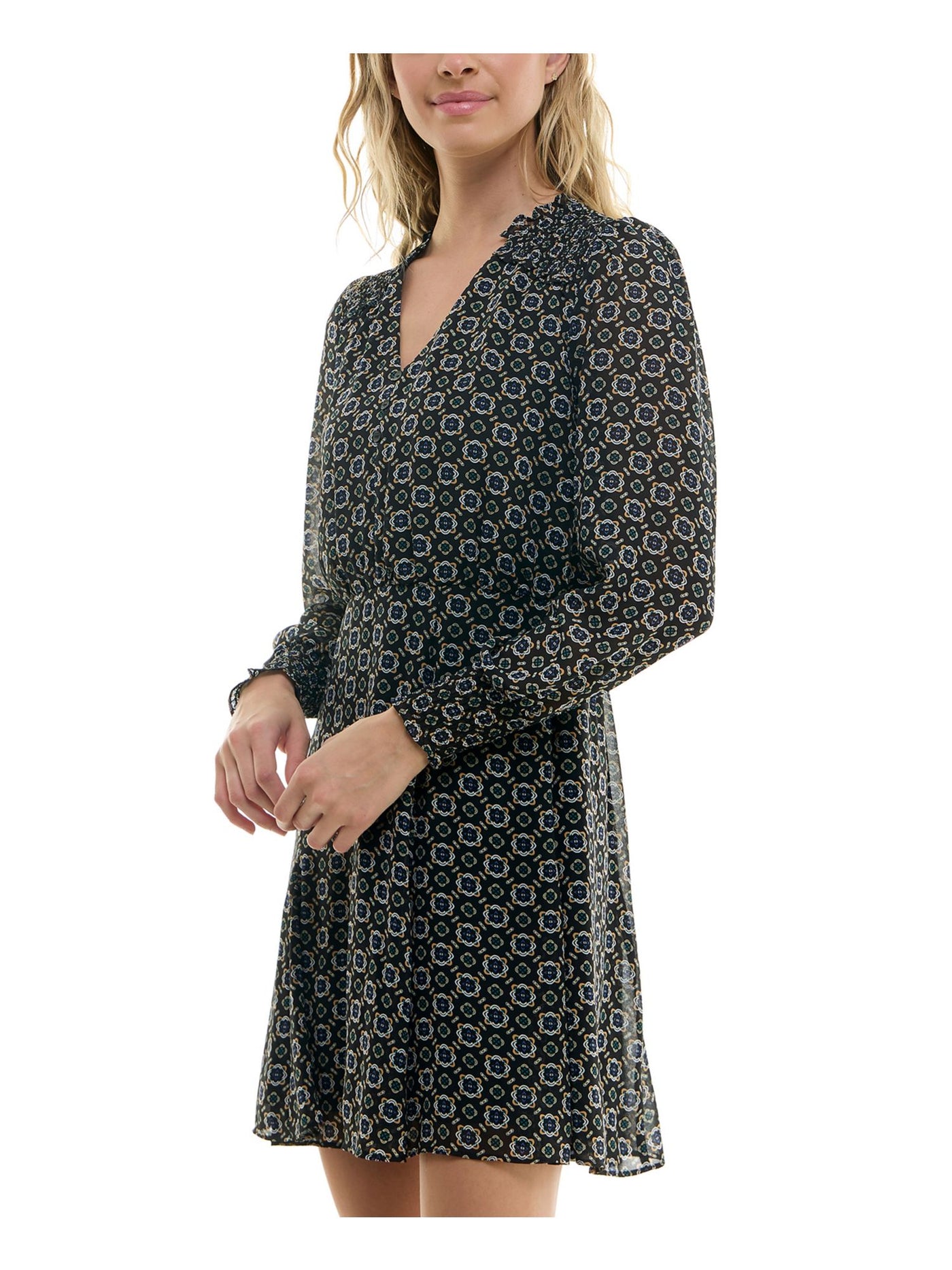 BCX DRESS Womens Black Lined Smocked Shoulder And Cuffs Ruffl Long Sleeve V Neck Short Fit + Flare Dress Juniors XL