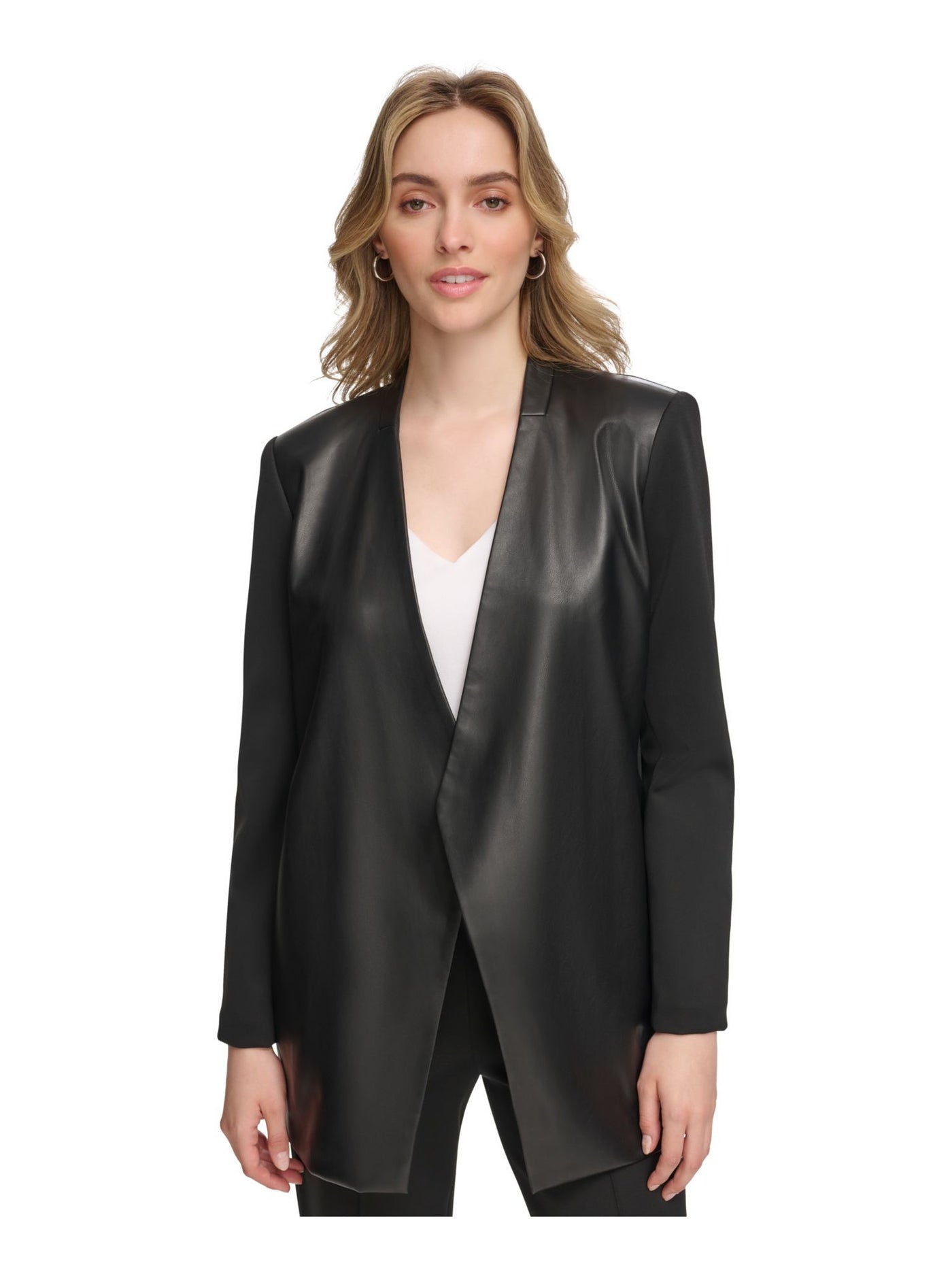 CALVIN KLEIN Womens Black Open Front Collarless Back-vent Wear To Work Blazer Jacket 14