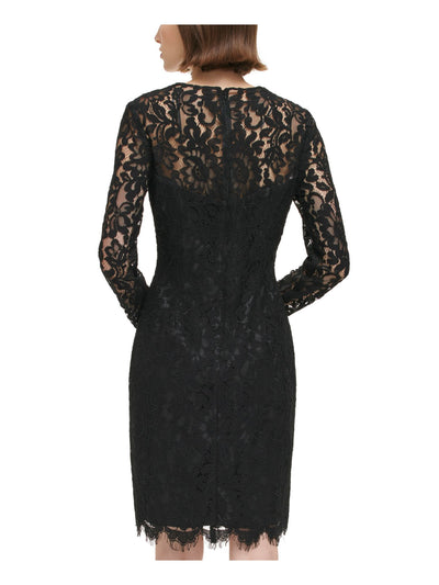 ELIZA J Womens Black Lace Zippered Lined Long Sleeve Queen Anne Neckline Above The Knee Evening Sheath Dress 10