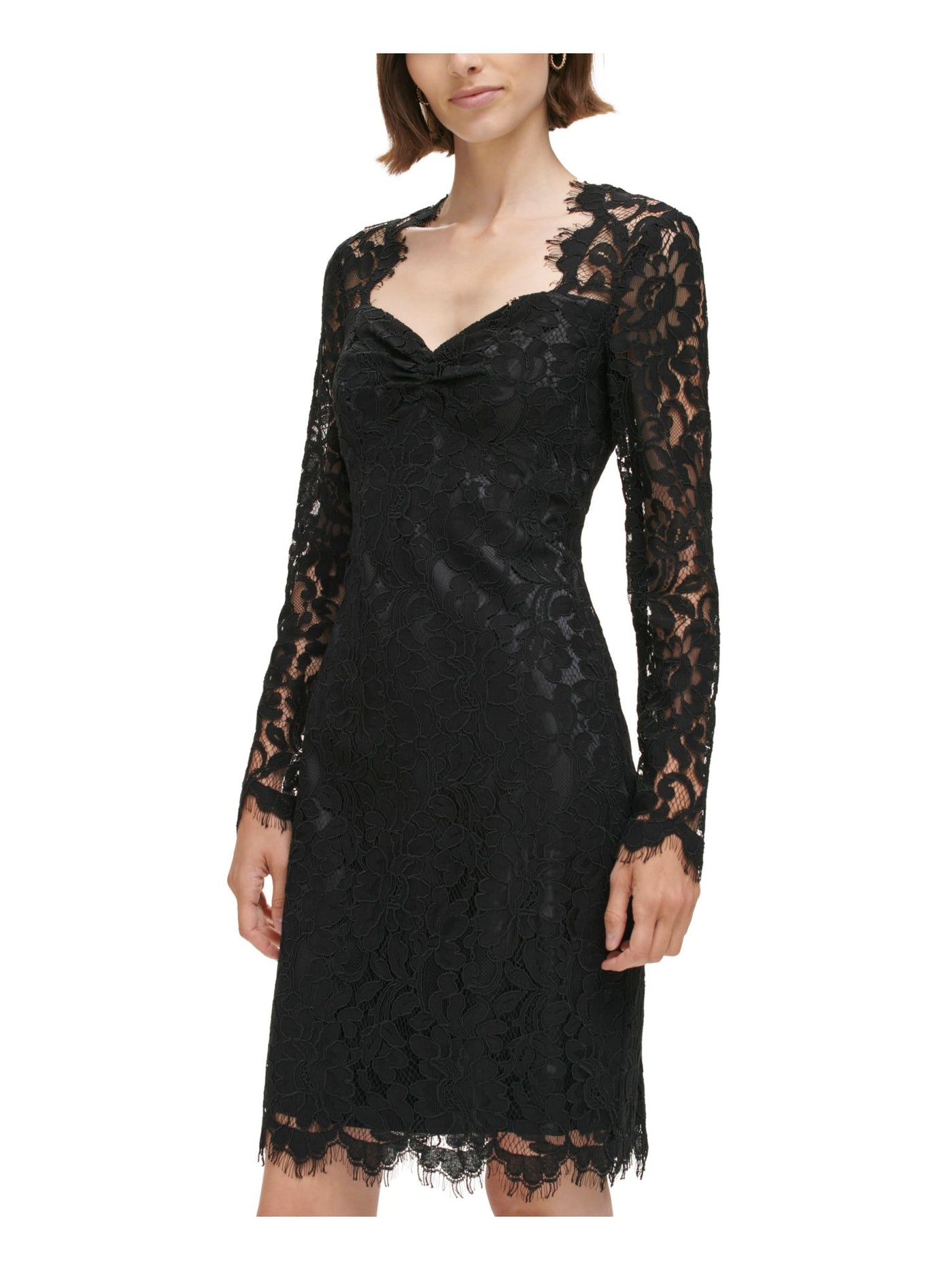 ELIZA J Womens Black Lace Zippered Lined Long Sleeve Queen Anne Neckline Above The Knee Evening Sheath Dress 10