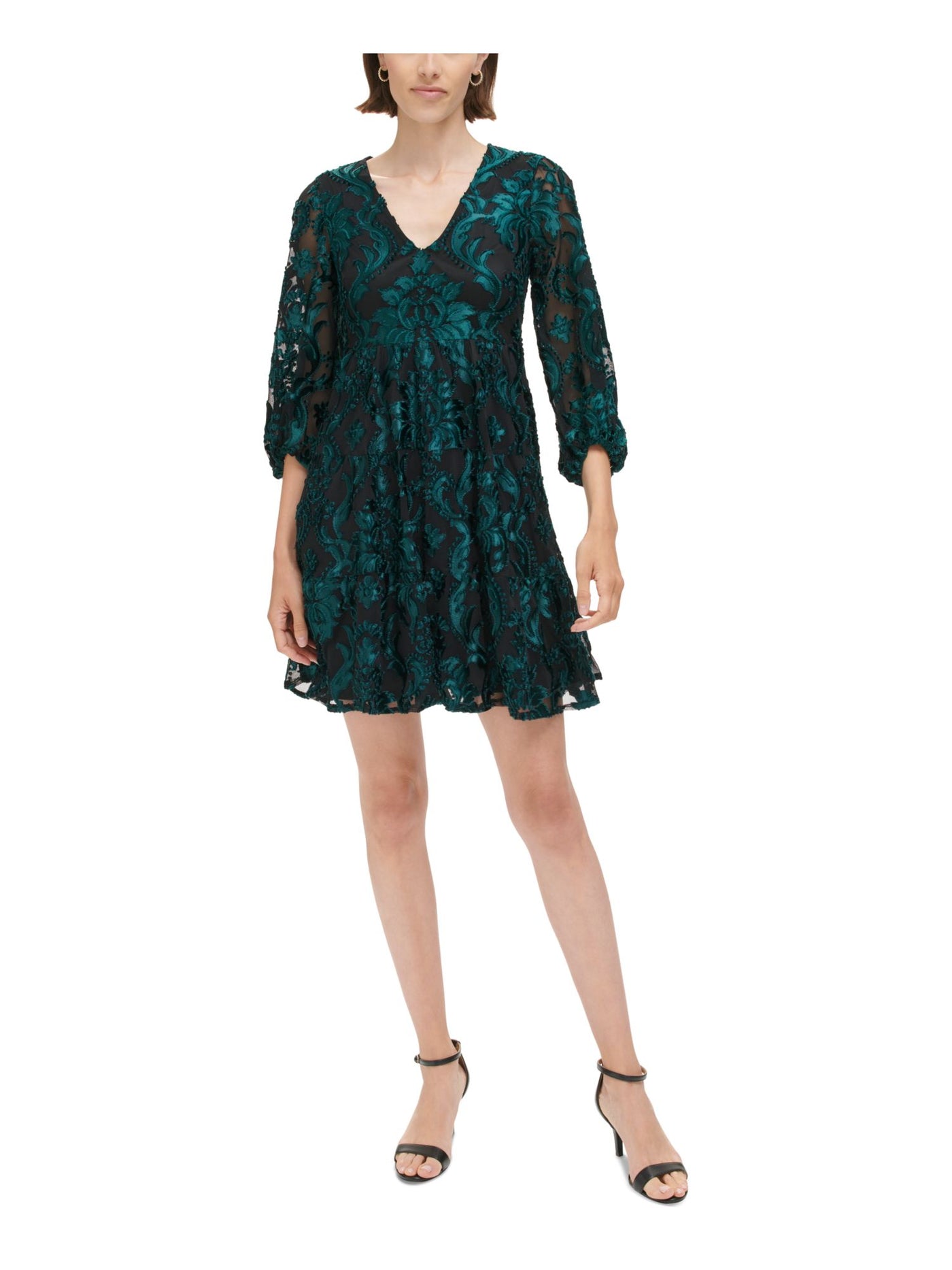 ELIZA J Womens Green Zippered Lined Flounce Hem Pleated 3/4 Sleeve V Neck Short Evening A-Line Dress 4