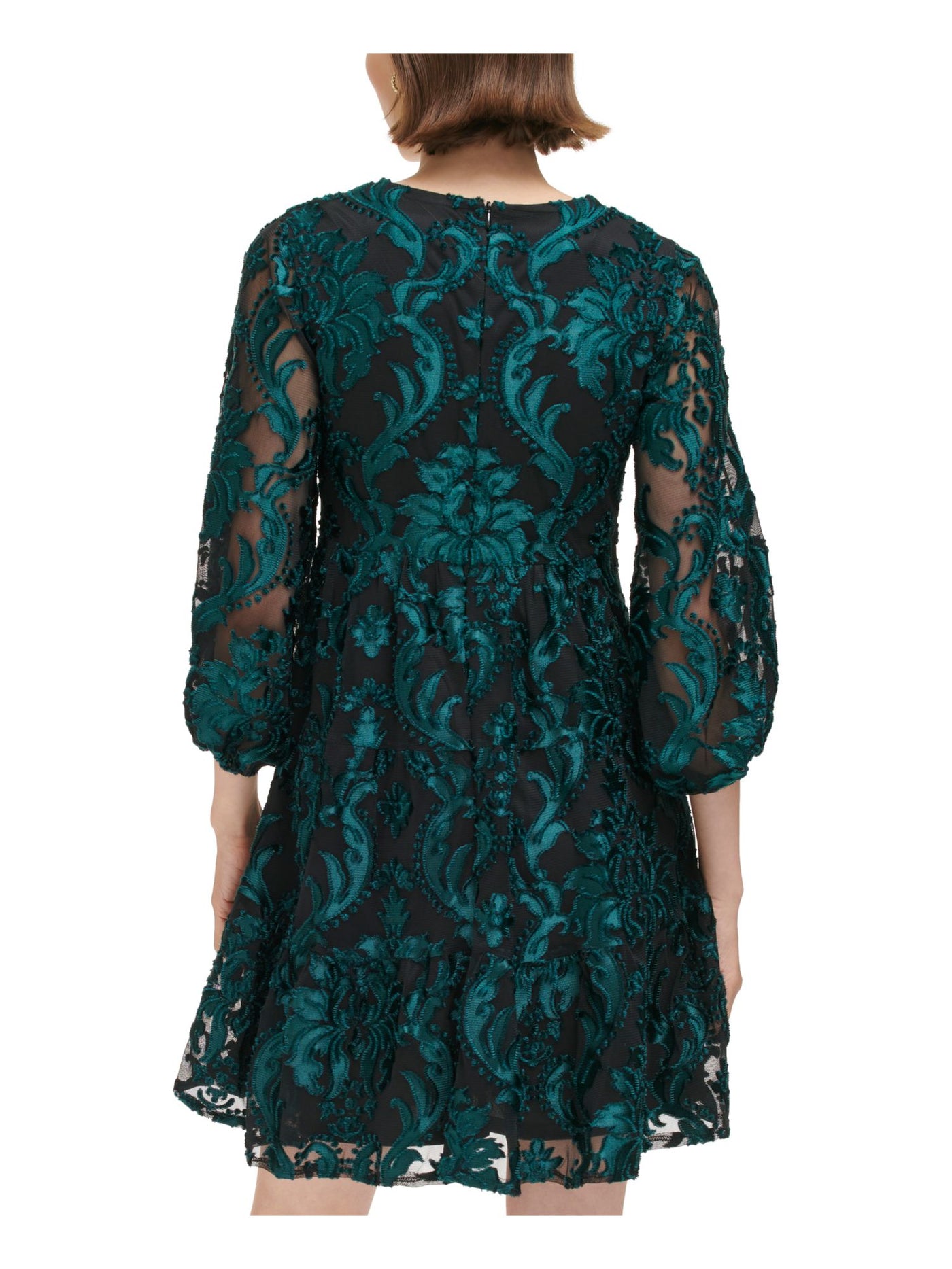 ELIZA J Womens Green Zippered Lined Flounce Hem Pleated 3/4 Sleeve V Neck Short Evening A-Line Dress 4