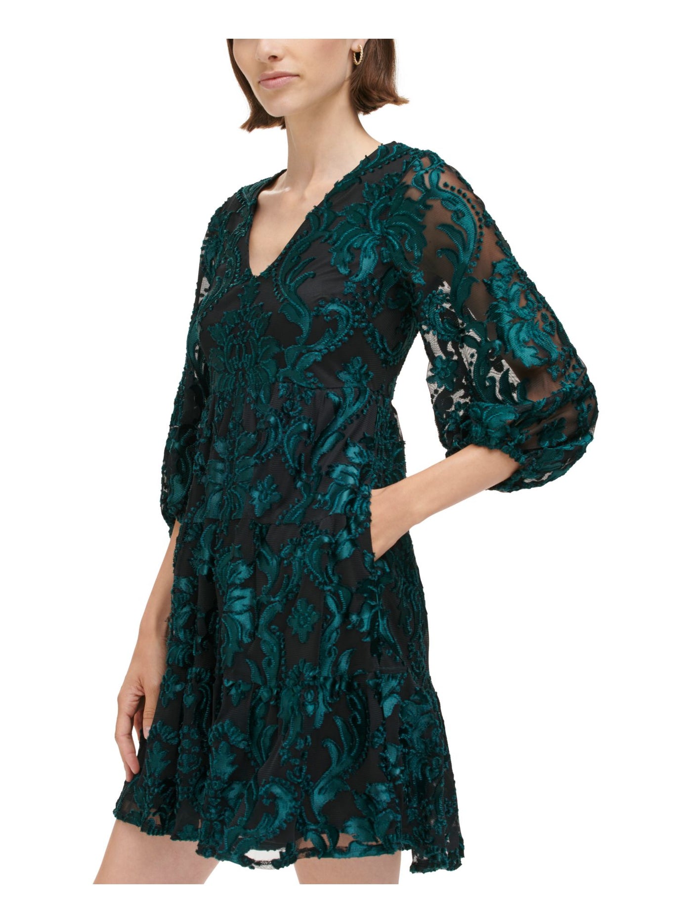 ELIZA J Womens Green Zippered Lined Flounce Hem Pleated 3/4 Sleeve V Neck Short Evening A-Line Dress 4