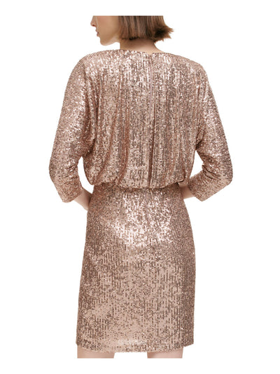 VINCE CAMUTO Womens Beige Sequined Zippered Lined Padded Dolman Sleeve Keyhole Short Party Blouson Dress 2