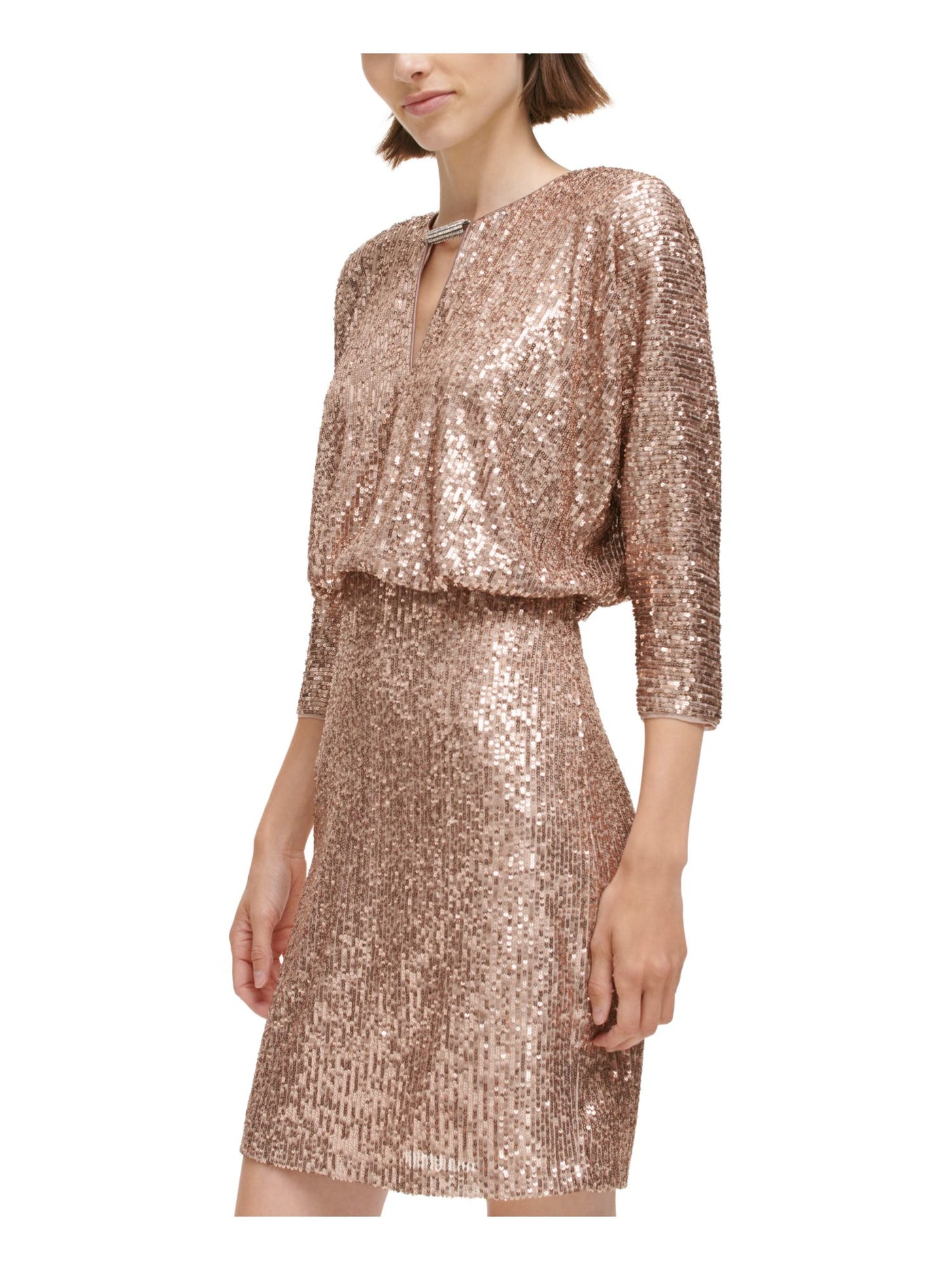 VINCE CAMUTO Womens Beige Sequined Zippered Lined Padded Dolman Sleeve Keyhole Short Party Blouson Dress 2