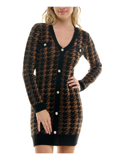 BCX DRESS Womens Brown Houndstooth Long Sleeve V Neck Short Sheath Dress Juniors L