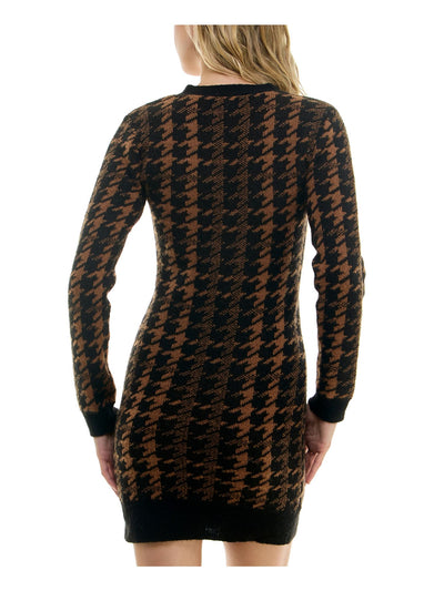 BCX DRESS Womens Brown Houndstooth Long Sleeve V Neck Short Sheath Dress Juniors L