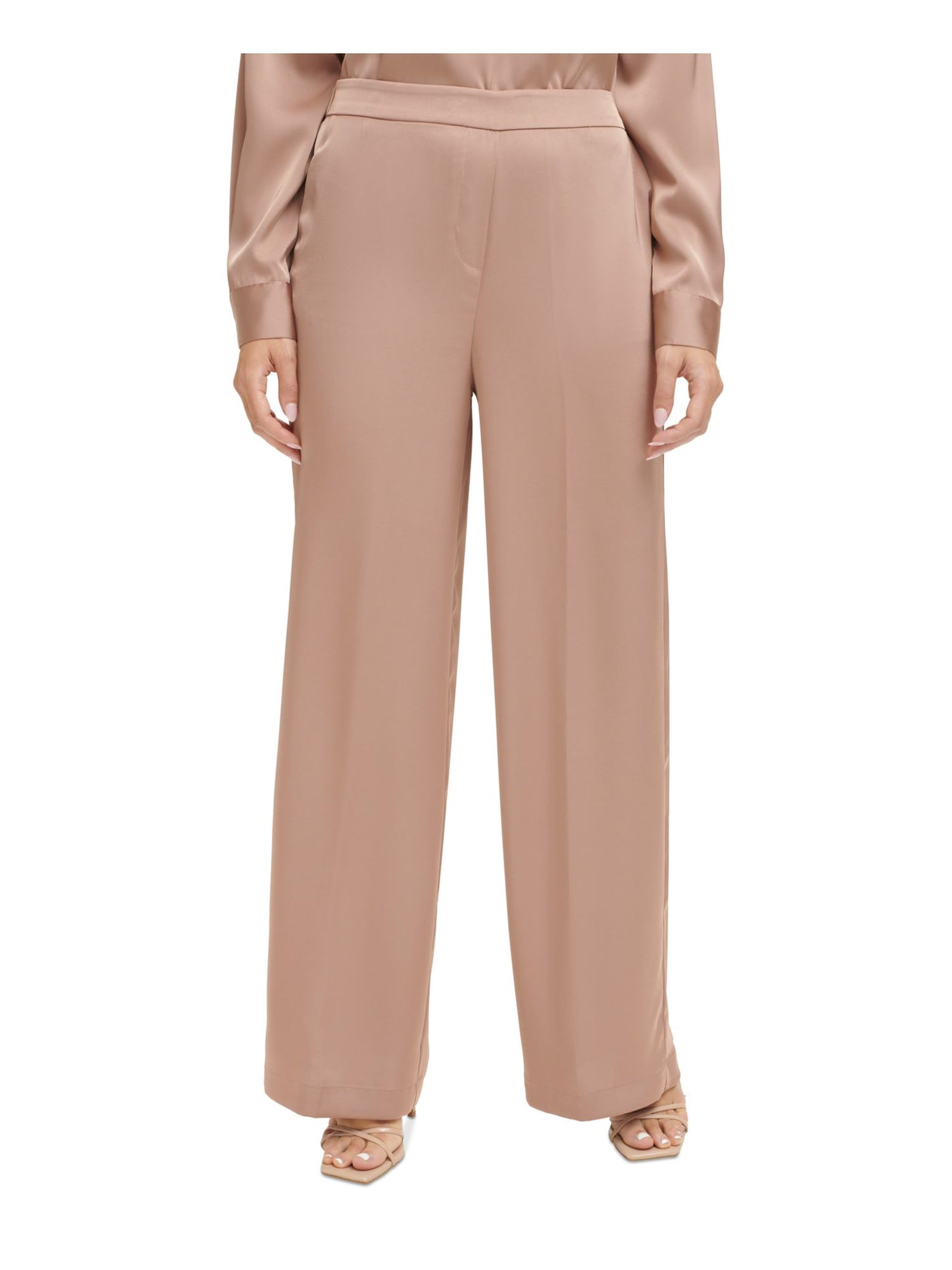 CALVIN KLEIN Womens Beige Pocketed Elastic Waist Band Wear To Work Wide Leg Pants S