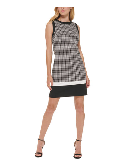 TOMMY HILFIGER Womens Black Zippered Contrast Trim Houndstooth Sleeveless Round Neck Above The Knee Wear To Work Sheath Dress 2