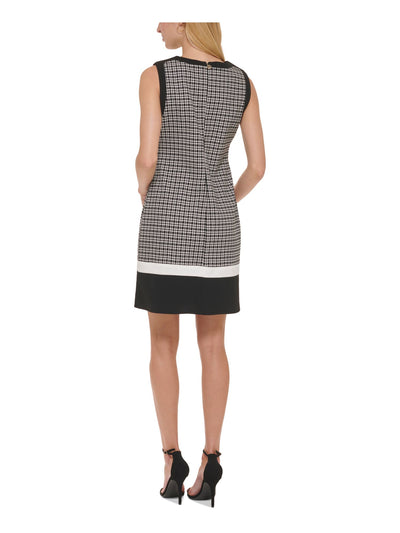 TOMMY HILFIGER Womens Black Zippered Contrast Trim Houndstooth Sleeveless Round Neck Above The Knee Wear To Work Sheath Dress 2