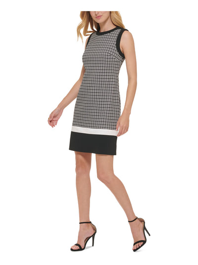 TOMMY HILFIGER Womens Black Zippered Contrast Trim Houndstooth Sleeveless Round Neck Above The Knee Wear To Work Sheath Dress 2