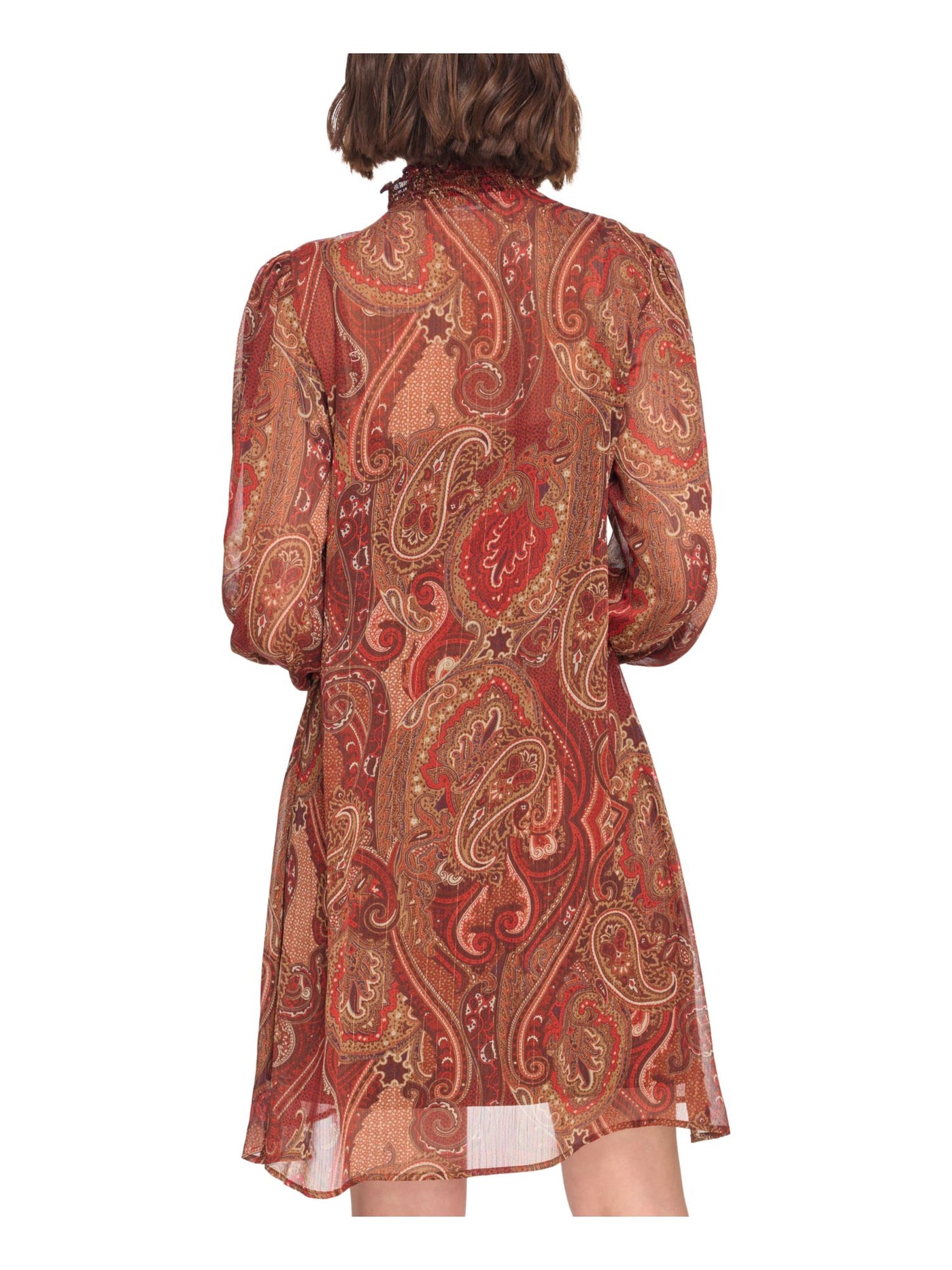 TOMMY HILFIGER Womens Brown Smocked Lined Keyhole Paisley Long Sleeve Mock Neck Above The Knee Shift Dress 10