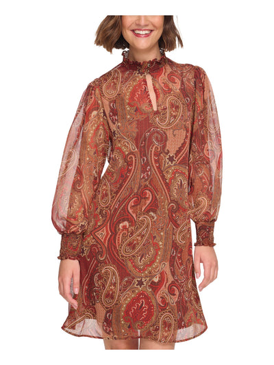 TOMMY HILFIGER Womens Brown Smocked Lined Keyhole Paisley Long Sleeve Mock Neck Above The Knee Shift Dress 14