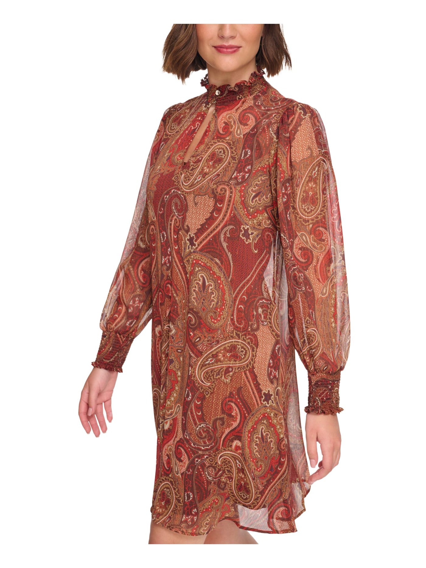 TOMMY HILFIGER Womens Brown Smocked Lined Keyhole Paisley Long Sleeve Mock Neck Above The Knee Shift Dress 4