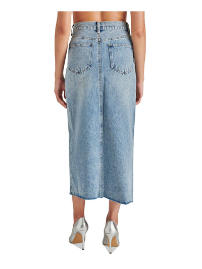 STEVE MADDEN Womens Blue Zippered Pocketed High Front Slit Raw-edge Hem Maxi Pencil Skirt 8