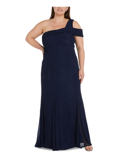 NIGHTWAY Womens Navy Cold Shoulder Zippered Lined Short Sleeve Asymmetrical Neckline Full-Length Evening Gown Dress Plus 14W