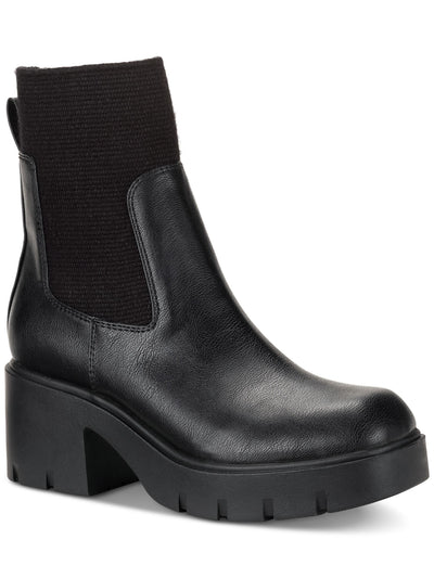 SUN STONE Womens Black Lug Sole Heel Pull-Tab Treaded Padded Stretch Square Toe Chelsea Boot 7 M
