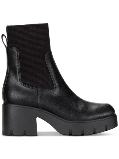SUN STONE Womens Black Lug Sole Heel Pull-Tab Treaded Padded Stretch Square Toe Chelsea Boot 7 M
